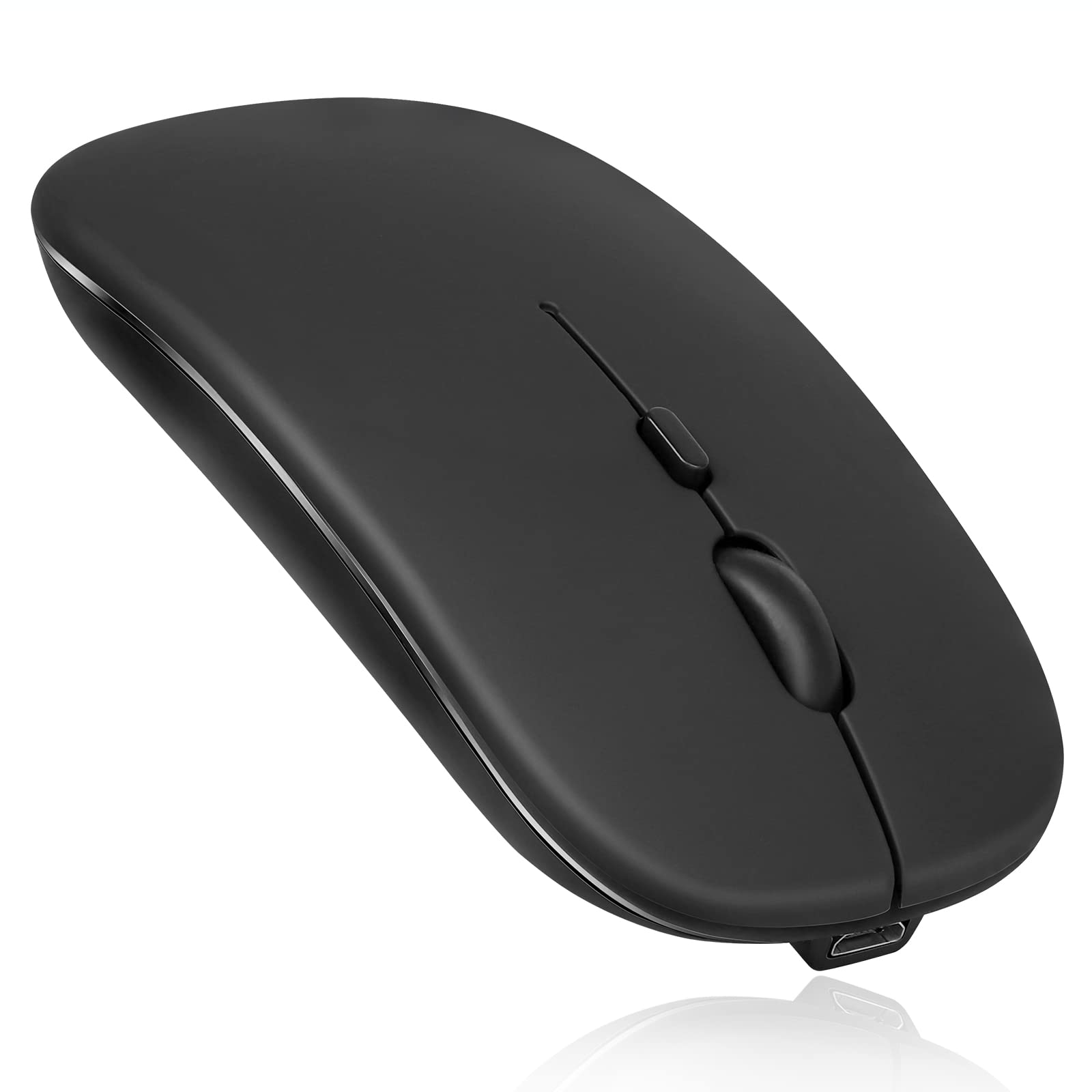 A black wireless rechargeable mouse with a visible USB receiver.